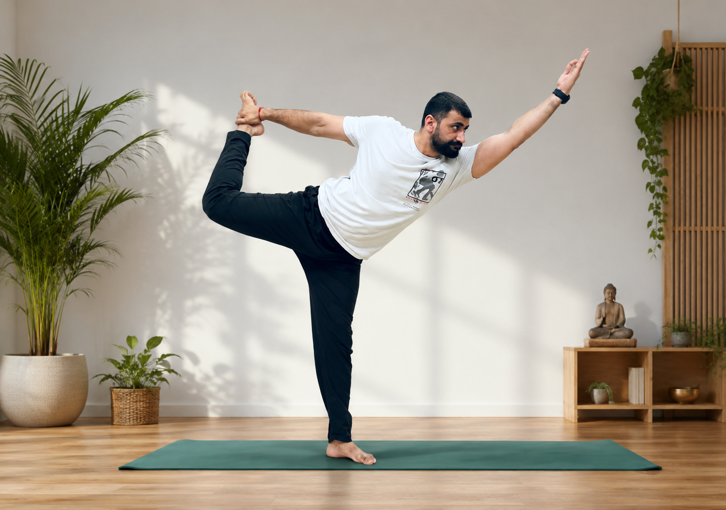 Sudhir Hooda holding a balancing dancer's pose in a sunlit studio