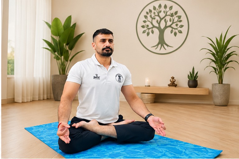Sudhir seated in meditation beneath a tree mural
