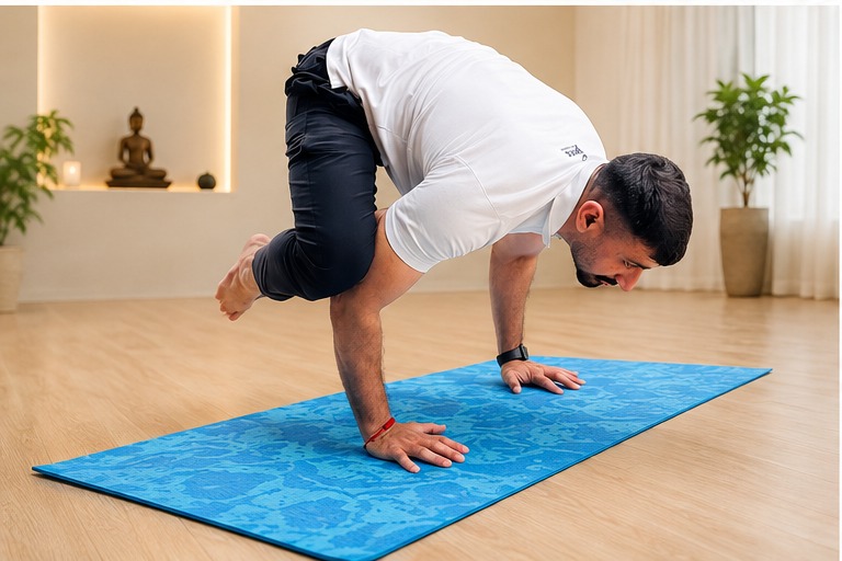 Sudhir holding crow pose on a blue mat