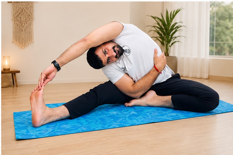 Sudhir in a seated side stretch